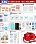 Crmea 516-piece first aid kit in red waterproof bag with MOLLE shoulder strap for car, travel and home use
