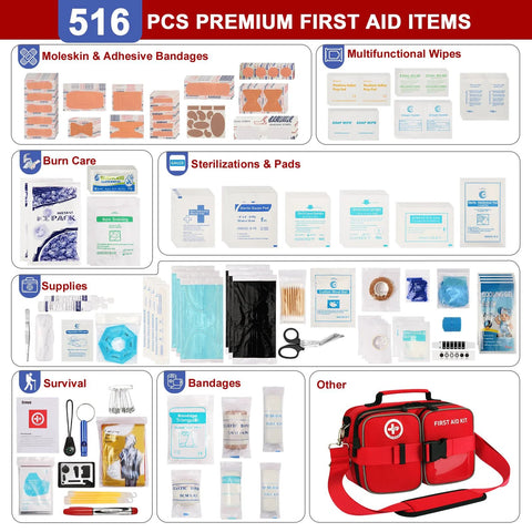 Crmea 516-piece first aid kit in red waterproof bag with MOLLE shoulder strap for car, travel and home use