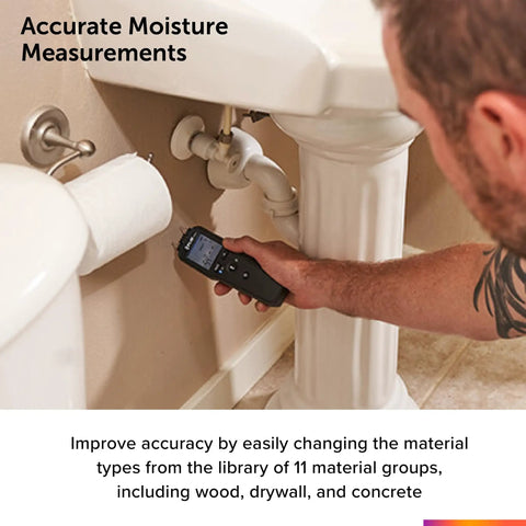 Person using Pin Moisture Meter with Bluetooth for instant data sharing via mobile app, rugged pin probe near plumbing.