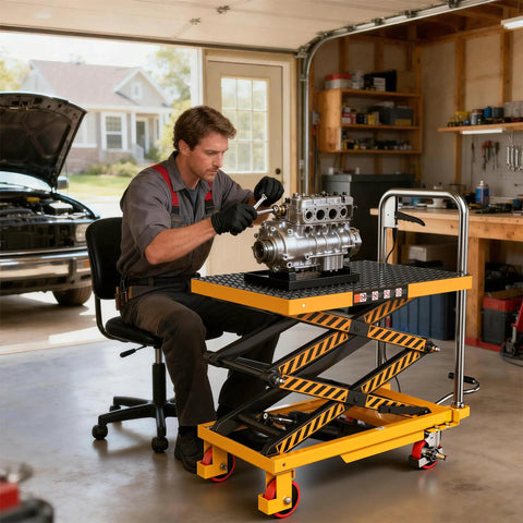 Tera hydraulic lift table cart, orange frame with black scissor lift and red caster wheels.