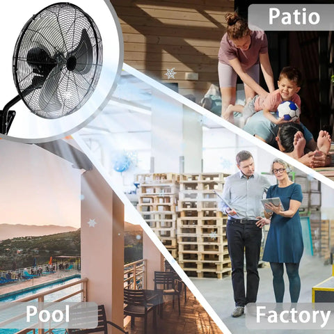 Two Pack 20 Inch Wall Mount Fan With Beefy 7100 CFM Airflow Industrial Oscillating Fans for patio, pool, and factory settings.