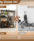 Before and after of Garage Sports Equipment Organizer With Beefy Heavy Duty Ball Holder, golf bag storage, and toy gear bins.