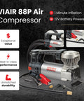 Close-up of VIAIR 88P Air Compressor with alligator clamps and 12V battery powered, highlighting features and durability.