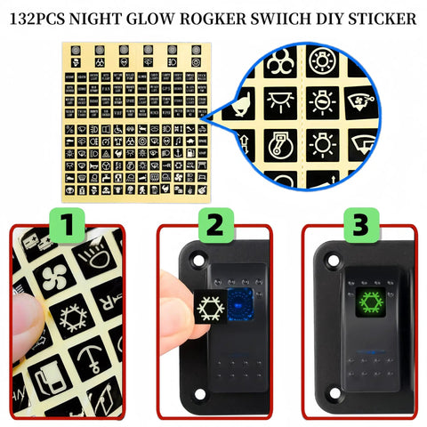 132PCS Night Glow rocker switch DIY sticker for 8 Gang Off Road Waterproof Rocker Switch Panel With 5 Pin SPST 12V 24V On Off Toggle 20 Amp Beefy Heavy Duty Marine Style Rocker Panel For Auto Boat RV Truck Jeep Lights And Accessories Blue.