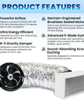 Product features of High Airflow Ultra Quiet Whole House Fan Featuring Energy Savvy German Engineered Motor For No Sweat Attic Cooling And Smooth Sailing Whole Home Ventilation System.