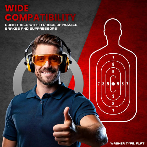 Barrel shim kit for firearm muzzle alignment; man with safety glasses and ear protection beside shooting target.