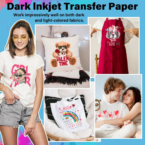 Printable Heat Transfer Paper Kit For Tees, 15 Sheets 8.3 By 11.7 Inches used on white and red garments and a pillow