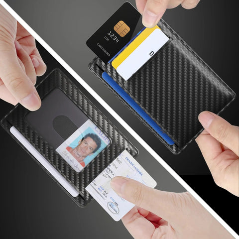 Front Pocket Minimalist Leather Wallet With RFID Blocking Carbon Fiber Texture Ultra Slim 0.12 Inch Thick Black Card Holder shown with cards