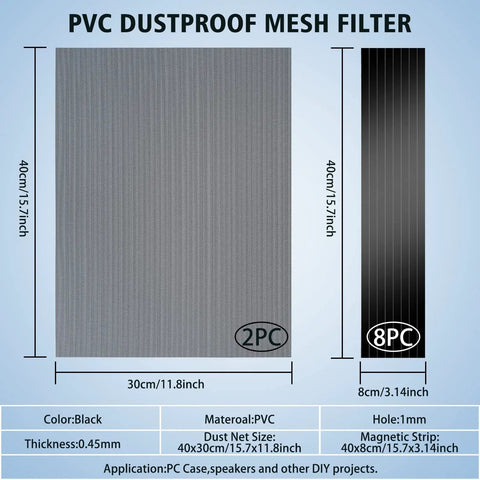 400x300mm PC Case Dust Mesh Filter Pack With Magnetic Strip PVC Dustproof Mesh Cover 2 Pack shown with measurements and material details