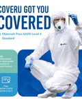 Person wearing Hazmat Suits Disposable Coveralls for Medical Protection, Six Size Options, PPE Hazmat Suit with 360 Degree Protection