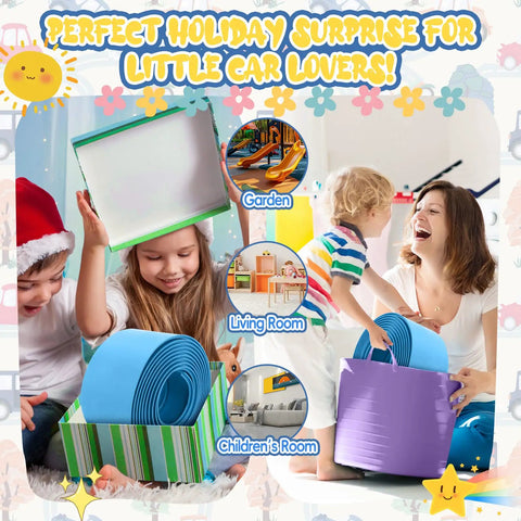 Children unwrapping 15 Foot Cobalt Blue Flexible Race Car Track With Two Lanes Includes Suction Cups Built For Epic Mini Races And Stunts.