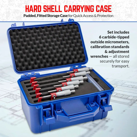 Six-Piece Outside Micrometer Set 0-6 Inches With Carbide Tips, Calibration Standards in blue padded hard case.