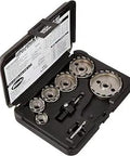 Heavy Duty Hole Cutter Kit With Precision Ground M2 HSS Bits that slice through metal and wood, in black case, multiple bit sizes.