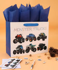 Monster Truck Gift Bags Set With Greeting Card And Tissue Paper for Boys Birthday Parties Baby Showers and Kids Events 13 inch by 5 inch by 10 inch 1 pack, featuring blue tissue paper and monster truck images.