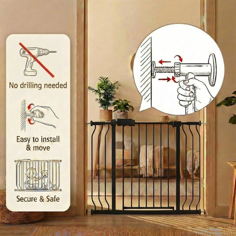 Ultra Wide Baby Gate For Doorways And Stairs, Expands From 52.7 To 57.5 Inches, Large Walk-Through Swing Door, Black Metal, Pressure Mounted