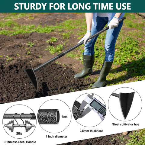 Person using Triangle Hoe Gardening Tool With 9.5 Inch Wide Blade For Deep Weeding And Root Removal 60 Inch Long Handle Heavy Duty Manual Weeder in garden