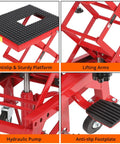 Heavy Duty Hydraulic Motorcycle Lift Table With 350 Lb Capacity Wide Deck Foot Operated Jack J Hooks Four Wheels Perfect For ATVs And Dirt Bikes Maintenance And Repairs showing various features like platform, lifting arms, pump, and footplate.