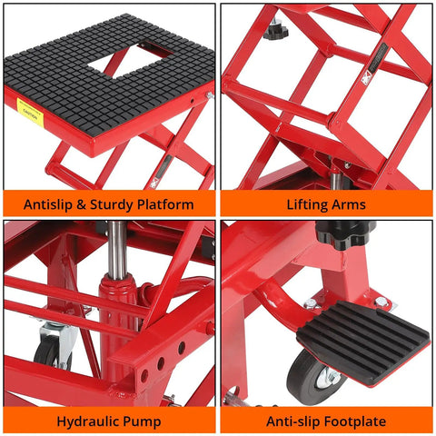 Heavy Duty Hydraulic Motorcycle Lift Table With 350 Lb Capacity Wide Deck Foot Operated Jack J Hooks Four Wheels Perfect For ATVs And Dirt Bikes Maintenance And Repairs showing various features like platform, lifting arms, pump, and footplate.