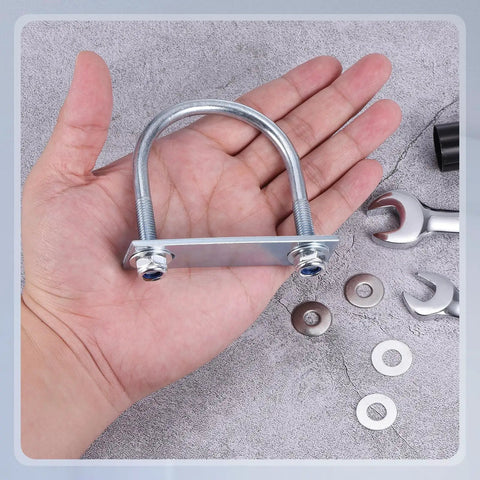 Rock Solid Carbon Steel U Bolts 2 Pack Round U Bolt Kits M8x60x84 in hand with washers and tools, ready for pipe clamping.