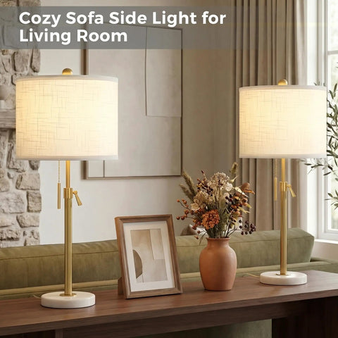 Gold Table Lamps Set Of 2 With Adjustable Height From 22 To 30 Inches on a console in a cozy living room setting