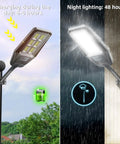 Two Pack 300W LED Solar Street Lights Outdoor IP66 Waterproof 30000 Lumens 6500K Dusk To Dawn With Motion Sensor And Remote Control For Pathway Lighting No Fuss Energy Savings showing charging and night lighting