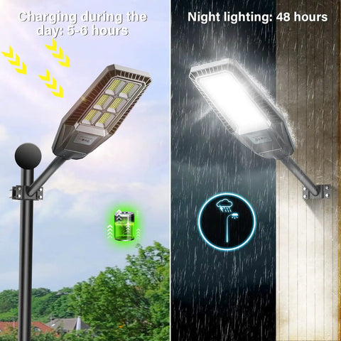 Two Pack 300W LED Solar Street Lights Outdoor IP66 Waterproof 30000 Lumens 6500K Dusk To Dawn With Motion Sensor And Remote Control For Pathway Lighting No Fuss Energy Savings showing charging and night lighting