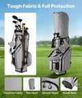 Golf Cart Bag With 14 Way Top Divider And Full Length Dividers displayed on grass with rain cover fitted, dual straps visible