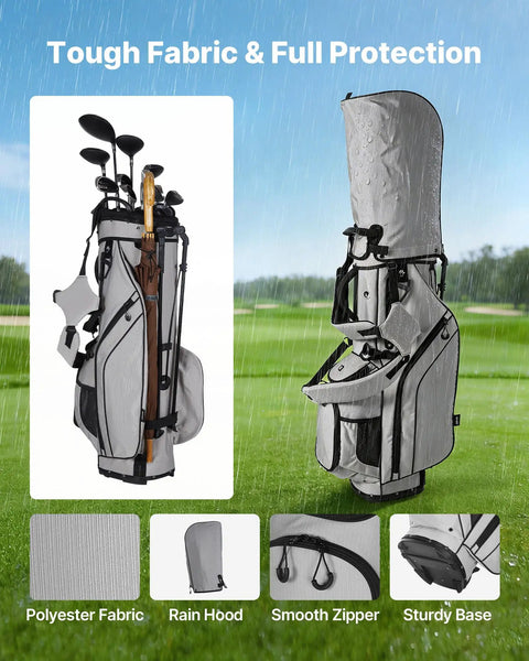 Golf Cart Bag With 14 Way Top Divider And Full Length Dividers displayed on grass with rain cover fitted, dual straps visible