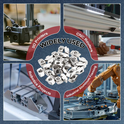 Hella Durable 50 Pack T Slot Nuts Industrial Grade Fabricated For Seamless Aluminum Extrusion 4545 Series Assemblies used in 3D printers and CNC routers.