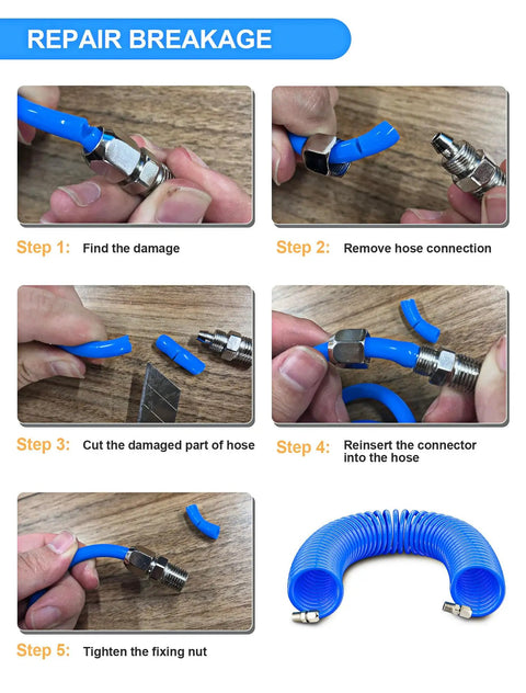Instructional steps for repairing 25ft PU hose from 22-Packs Air Compressor Accessories Kit With 25 Foot Repairable PU Air Hose One Quarter Inch NPT Air Blow Gun Air Chuck Tire Gauge And Full Pneumatic Tool Set For Home Garage Projects.