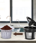 760 Count Disposable Coffee Filters for Keurig beside open reusable pod on kitchen counter, demonstrating use and compatibility.