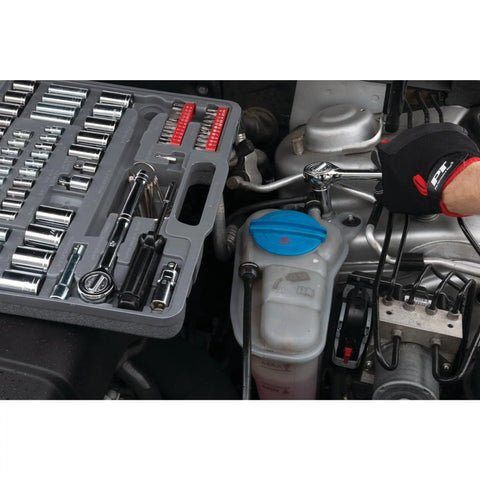SAE And Metric 100 Piece Socket Set With One Quarter Inch Drive Three Eighths Inch Drive And One Half Inch Drive Plus Bit Set Ratchets U Joint Extensions Adapters And Six Point Sockets For DIY Enthusiasts And Pros on car engine.