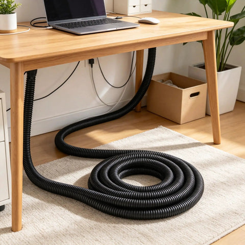 1/4 Inch Split Wire Loom Tubing High Temp Corrugated Cable Sleeve Flexible Auto Marine Wiring Conduit 100 Ft coiled under desk