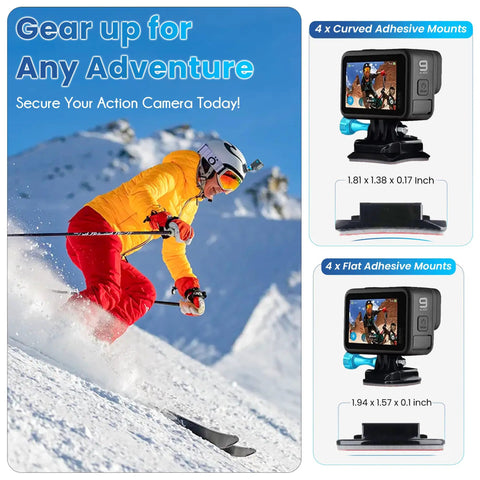 Skier using Helmet Mount Adhesive Pads for action cameras, curved and flat mounts shown, compatible with various camera brands.