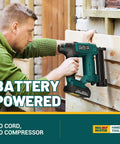 Cordless 2 In 1 Nail Gun And Staple Gun Kit With 20V Battery And Charger in use on wooden boards.