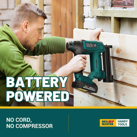 Cordless 2 In 1 Nail Gun And Staple Gun Kit With 20V Battery And Charger in use on wooden boards.