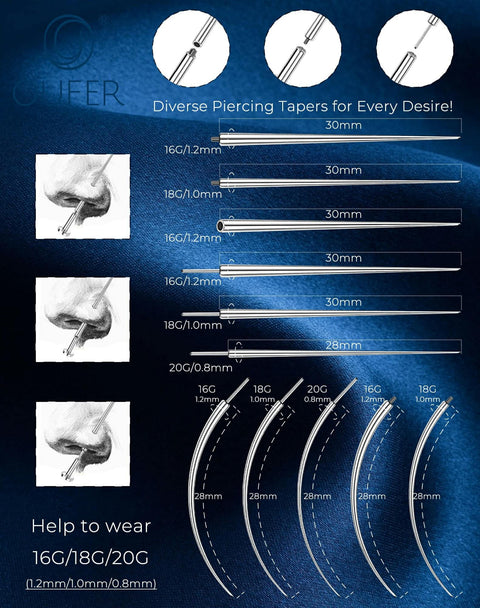Chart showing diverse piercing tapers for 16G 18G 20G body piercings in surgical steel with needle lengths and dimensions.