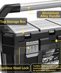 Close-up of 17 Inch Tool Box With Removable Tray And Stainless Steel Dual Lock, black case with aluminum handle