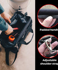 Heavy Duty 16 Inch Tool Tote With 24 Pockets And Wide Mouth showing padded handle and adjustable shoulder strap