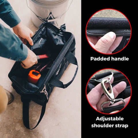 Heavy Duty 16 Inch Tool Tote With 24 Pockets And Wide Mouth showing padded handle and adjustable shoulder strap