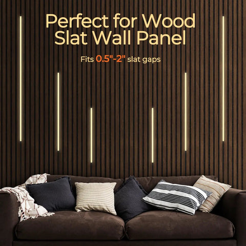 Easy-Install Self-Adhesive Dimmable LED Light Strips Kit For Slat Wall Panels And Wood Walls with couch and pillows