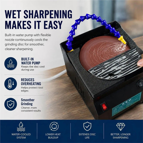 Heavy Duty Wet Dry Bench Sander And Electric Knife Sharpener With Water Cooling System showing built-in water pump and grinding disc.