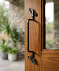 Set Of 2 Hand Forged Wrought Iron Door Pull Handles For Wood Gates Cabinets Farmhouse Barn Doors Black 10 Inch Heavy Duty Rustic Hardware Set Durable For Indoor Outdoor Use Easy Mounting Classic Vintage Farmhouse Decor mounted on wood door