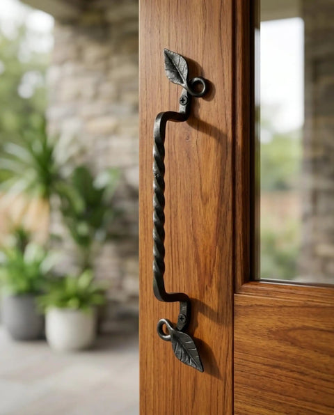 Set Of 2 Hand Forged Wrought Iron Door Pull Handles For Wood Gates Cabinets Farmhouse Barn Doors Black 10 Inch Heavy Duty Rustic Hardware Set Durable For Indoor Outdoor Use Easy Mounting Classic Vintage Farmhouse Decor mounted on wood door