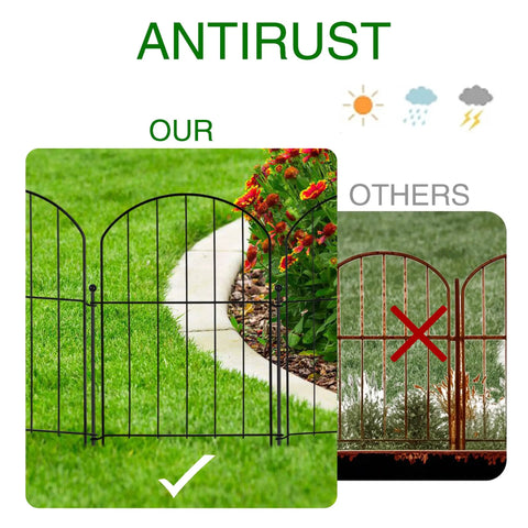 Comparison of Garden Fence Panels Set Of 10 Arched Rustproof Metal Border Fence For Dogs And Pets No Dig Yard Edging versus rusty fence.