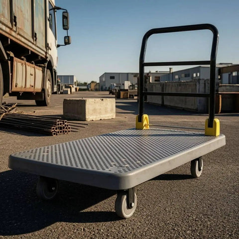Heavy Duty Flatbed Trolley Cart With Foldable Handle Perforated Deck And Quiet 6 Inch Wheels With Brakes Black For Moving Bulk Items And Heavy Gear Safely, gray deck