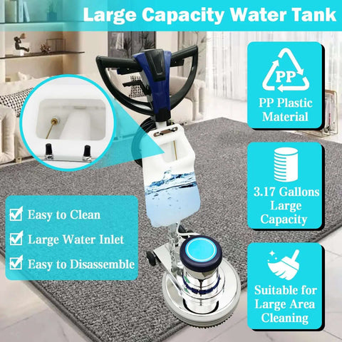 Heavy Duty Floor Polisher And Buffer For Commercial Use With 18 Inch Cleaning Head Three Brush Heads 175 RPM 3 Gallon Tank Ideal For Carpet Wood Epoxy And More Deep Cleaning And Polishing shown on carpet with large capacity water tank.