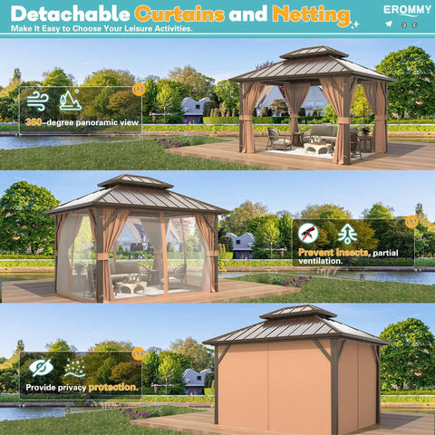 10 Foot By 12 Foot Hardtop Gazebo With Aluminum Frame And Galvanized Steel Double Roof Built Tough For Snow And Wind Heavy Duty Outdoor Pavilion With Curtains And Netting For Patio Lawn Or Deck