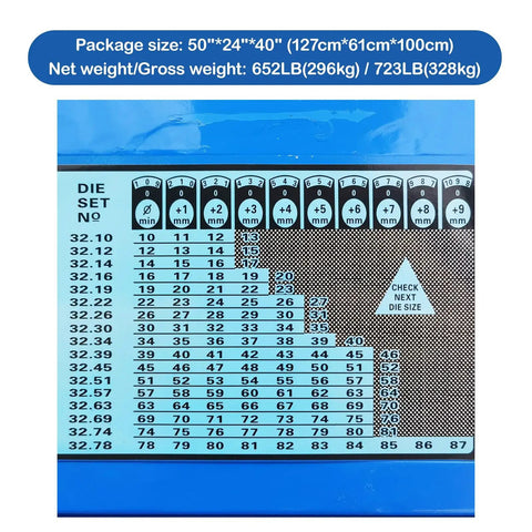 Professional Electric Hydraulic Hose Crimper And Swaging Tool Die size chart showing measurements from 10 to 87 mm.