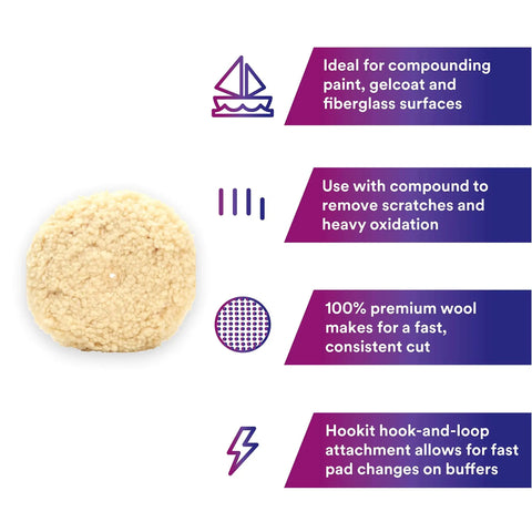 Heavy Cut 9 Inch Wool Compound Pad for Auto Paint Correction, 100% Wool, shown with highlighted features
